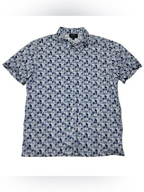 A.P.C APC Men's Size M Blue White Geometric 100% Cotton Short Sleeve Shirt